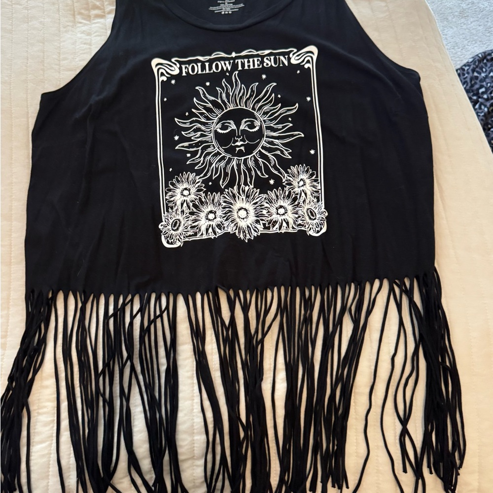 Black Fringe Tank Top with Sun Graphic